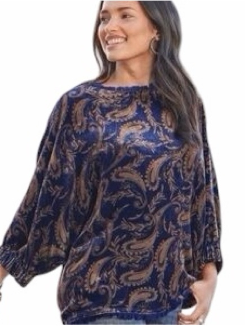 Sundance Navy Silk Blend Paisley Velvet Burnout Fringe Trim Boho Tunic Women XL